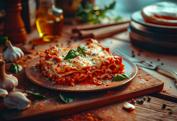 Wall Mural - Delicious lasagna piece on a wooden board, with garlic, olive oil, and plates in the background
