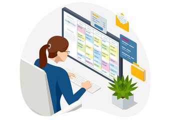 Poster - Isometric Project manager updating tasks and milestones progress planning. Digital Calendar Schedule. Schedule for plan tasks and progress. Successful business plan tasks.