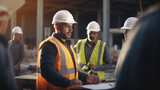 Fototapeta  - Architect man working with colleagues of mixed race in the construction site. Architecture engineering at the workplace. engineer architect wearing safety helmet meeting at construction site. worker.