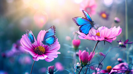 Wall Mural - Blue butterflies flutter over magenta. Flowers in spring season. Nature outdoors