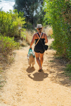 Rear View Of A Woman Walking A Dog Down A Sandy Track Between Bushes