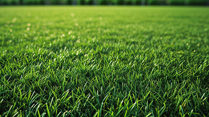 Close up view of green grass on the sportive field