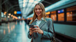 © Shi  - Enjoying travel. Young happy Caucasian business woman wearing a style grey suit holding mobile phone standing in city subway using smartphone for texting, checking apps for public transport, metro or