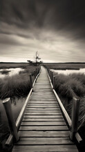 Black And White Photo Of A Wooden Boardwalk In The Wetlands.