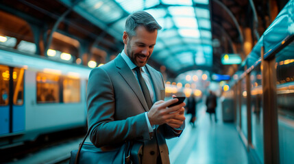 Wall Mural - Young happy Caucasian business man wearing a style grey suit holding mobile phone standing in city subway using smartphone for texting, checking apps for public transport, metro or travel guide on
