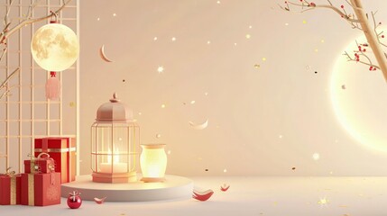 ramadan kareem banner background with golden lantern and gift box, 3d moon ramadan background