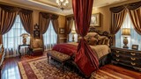 Fototapeta Londyn - Luxurious Master Suite- Elegance and Comfort with Plush Bedding and Rich Velvet Drapes