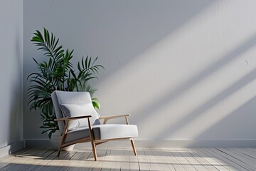 Wall Mural - Modern minimalist interior with an armchair on empty white color wall background