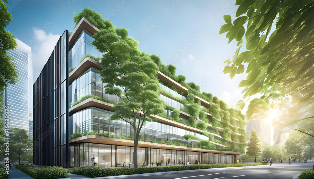 Environment Building Stock-Illustration „Ecological building in a modern city, 3D-rendering ...