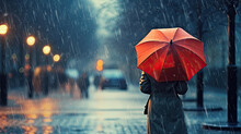 Women's Day, Young Woman Holding Red Umbrella, Walking On Street On Rainy Day, City Landscape With Blur Background, Raincoat