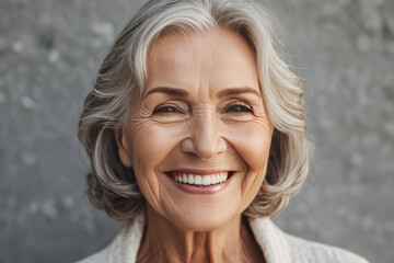 Portrait of beautiful older woman smiling and standing by gray wall. A place for text, a banner for advertising.