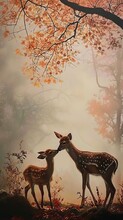 Generative AI Image Of A Painting Of A Doe And A Faun Touching Noses. Misty Autumnal Backdrop, An Autumnal Tree Branch Descending From The Top Of The Picture