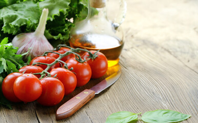 Poster - fresh vegetables cherry tomatoes on a wooden table