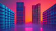 Nighttime Cityscape: An Artistic Rendering of Buildings at Night, Embracing VHS Aesthetics, Figurative Colorist Techniques, Outrun Style, Sheet Film Inspiration.