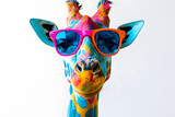 Fototapeta  - Cartoon colorful giraffe with sunglasses on a white background. Playful and trendy illustration of a giraffe with a summer vibe.