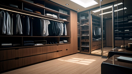 Wall Mural - Modern luxury style warm wood walk in closet, minimal walk in wardrobe dressing room interior.