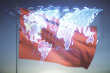 Poster - Multi exposure of abstract graphic world map hologram on flag of China and blue sky background, connection and communication concept