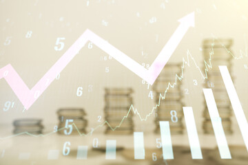 Poster - Multi exposure of virtual abstract financial graph and upward arrow on stacks of coins background, forex and investment concept