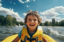 Portrait Of A Smiling Child In A Life Jacket On An Inflatable Boat On A Background Of Water. Safety Of Children On The Water
