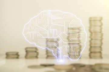 Poster - Virtual creative artificial Intelligence hologram with human brain sketch on coins background. Double exposure