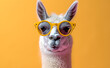 Llama in sunglass shade glasses isolated on pastel background. Creative animal concept for commercial or editorial advertisement.