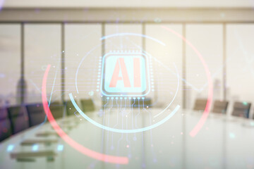 Poster - Double exposure of creative artificial Intelligence abbreviation hologram on a modern boardroom background. Future technology and AI concept