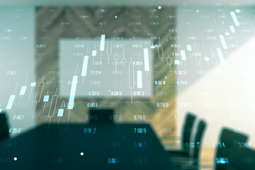 Poster - Multi exposure of abstract statistics data hologram interface on a modern furnished office interior background, computing and analytics concept