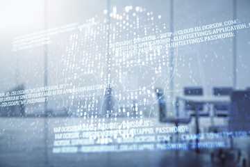 Poster - Abstract virtual code skull hologram on a modern coworking room background, cybercrime and hacking concept. Multiexposure