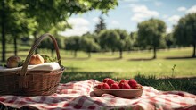 Picnic Basket With Strawberries In The Park. Generative AI	