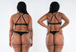 © staras - Female body before and after weight loss on gray background, African woman in black lingerie with fat hips and buttocks in slimming concept, plastic surgery