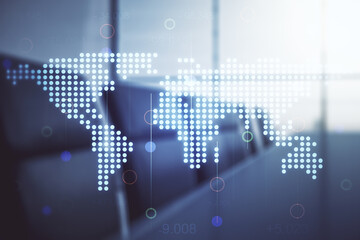 Poster - Multi exposure of abstract creative digital world map hologram on a modern conference room background, tourism and traveling concept