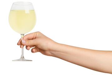 Wall Mural - A woman's hand holds. Glass of white wine. On a blank background