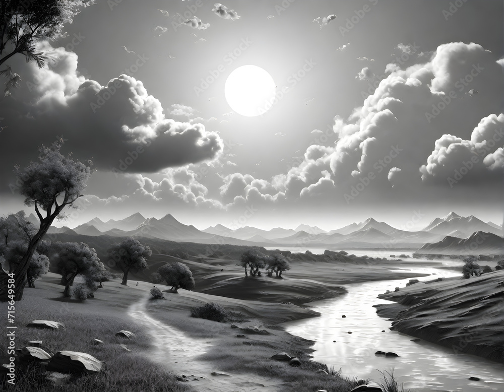 It is a black and white landscape illustration that combines a small ...