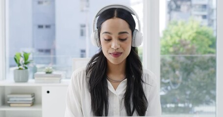 Wall Mural - Smile, laptop for music with business woman listening to audio on headphones and working in office. Computer, dance and typing with happy young employee in workplace alone for online sound streaming