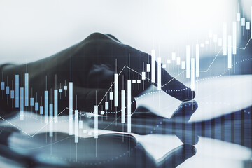 Poster - Double exposure of abstract creative financial diagram with finger clicks on a digital tablet on background, banking and accounting concept