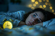 Person Struggling With Insomnia Lying In Bed, Anxiously Looking At Alarm Clock Standard. Сoncept Insomnia, Sleep Disorders, Anxiety, Alarm Clock, Sleep Deprivation