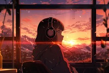 Person With Headphones Observing Sunset, Anime Backdrop Warm Home Feeling Artificial Intelligence. Сoncept Minimalist Lifestyle, Serene Nature Scenes, Urban Exploration, Stunning Architecture