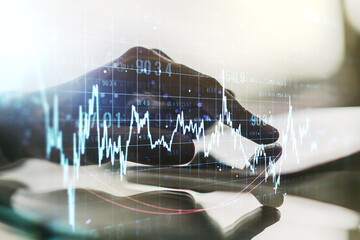 Poster - Multi exposure of abstract financial diagram and hand working with a digital tablet on background, banking and accounting concept
