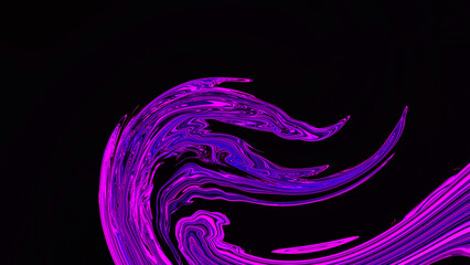 Wall Mural - Fluid blur neon light purple pink wavy swirl line on black background. Abstract liquid backdrop. Glitch Art trippy flyer. Textured gradient. Violet color. Metaverse. Wave pattern. Poster. Banner. NFT