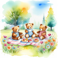 Wall Mural - Toy bear family picnic on the flower lawn isolated. Watercolor weekend of mother and father bears with their cub. Lovely cartoon lunch painting. 