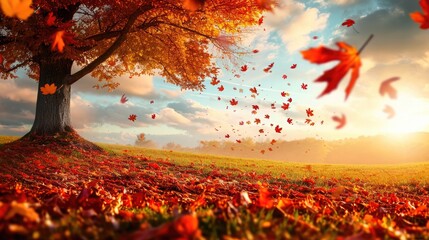 Canvas Print - Autumn landscape. Autumn tree leaves sky background.