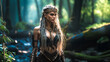 Pretty female elf warrior with white hair and leather armor in a mystical forest in sunshine