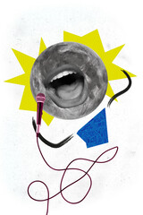 Poster - Collage 3d pop sketch image of funny moon head person singing karaoke isolated white color background