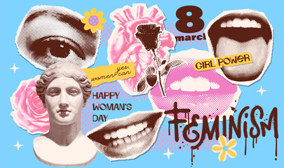 Wall Mural - Trendy vintage collage torn out stickers set in grunge style. Halftone lips, eyes, heart, flower and antique female bust. Retro newspaper and torn paper. Elements for banners, social media. Vector.