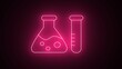 © MstHazera - Glowing neon Laboratory chemical beaker with toxic liquid icon isolated on black background. Laboratory glowing beaker sign. neon Test tube sign. test tube glowing icon. Medical Icons.