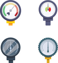 Poster - Pressure gauge icons set cartoon vector. Different type of manometer. Pipe pressure gauge measurement