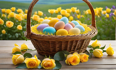 Wall Mural - A wicker basket with Easter eggs surrounded by many bright flowers. Easter