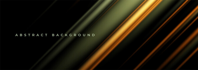 Wall Mural - Elegant luxury dark abstract 3D wide banner. Premium abstract background with dark green and gold stripes. Vector illustration