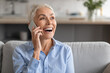 © Prostock-studio - Happy attractive mature businesswoman laughing talking by smartphone at home