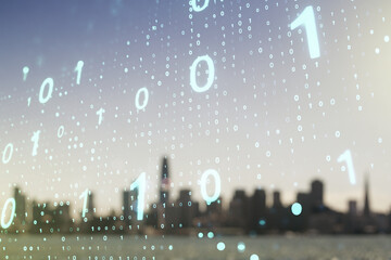 Aufkleber - Double exposure of abstract virtual binary code hologram on blurry cityscape background. Database and programming concept